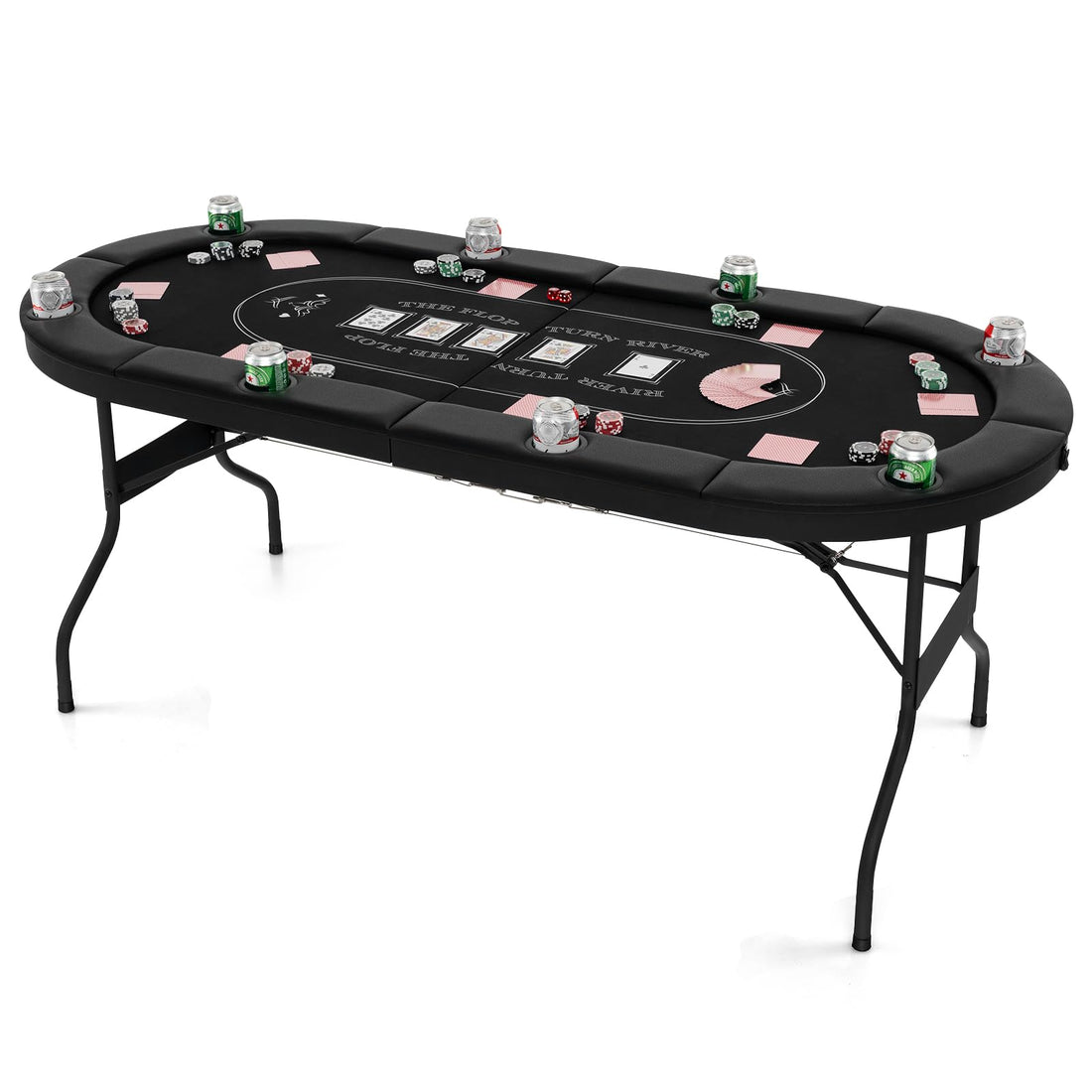 GYMAX Poker Table Foldable, 8-Player Texas Holdem Poker Table with Metal Cup Holders, Casino Grade Felt &amp; Padded Rails, Portable Folding Poker Table for Leisure Game, Homes, Game Rooms (Black)