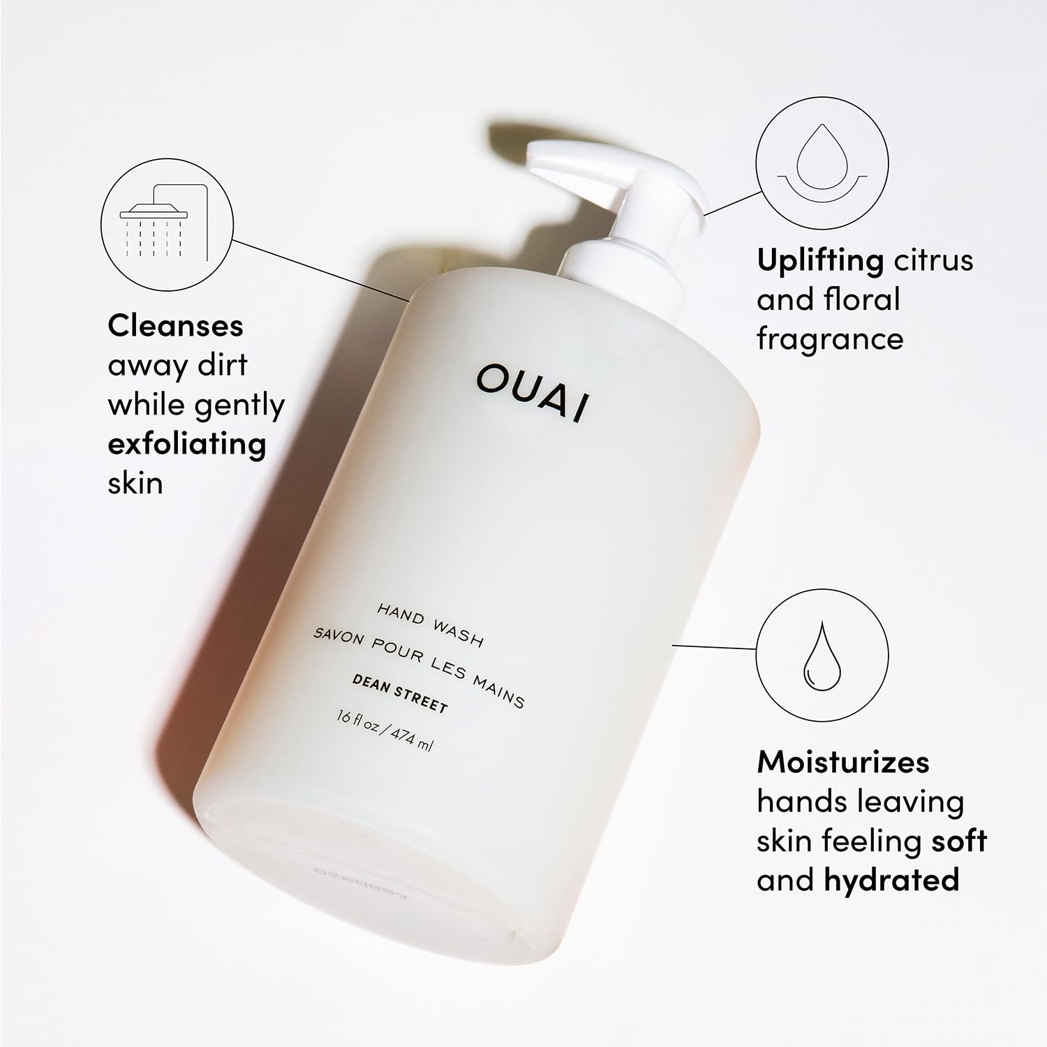 OUAI Hand Wash - Liquid Hand Soap with Jojoba, Avocado, &amp; Rose Hip Oil for Replenished Skin - Gentle Exfoliating Bathroom + Kitchen Hand Soap (16 Fl Oz)