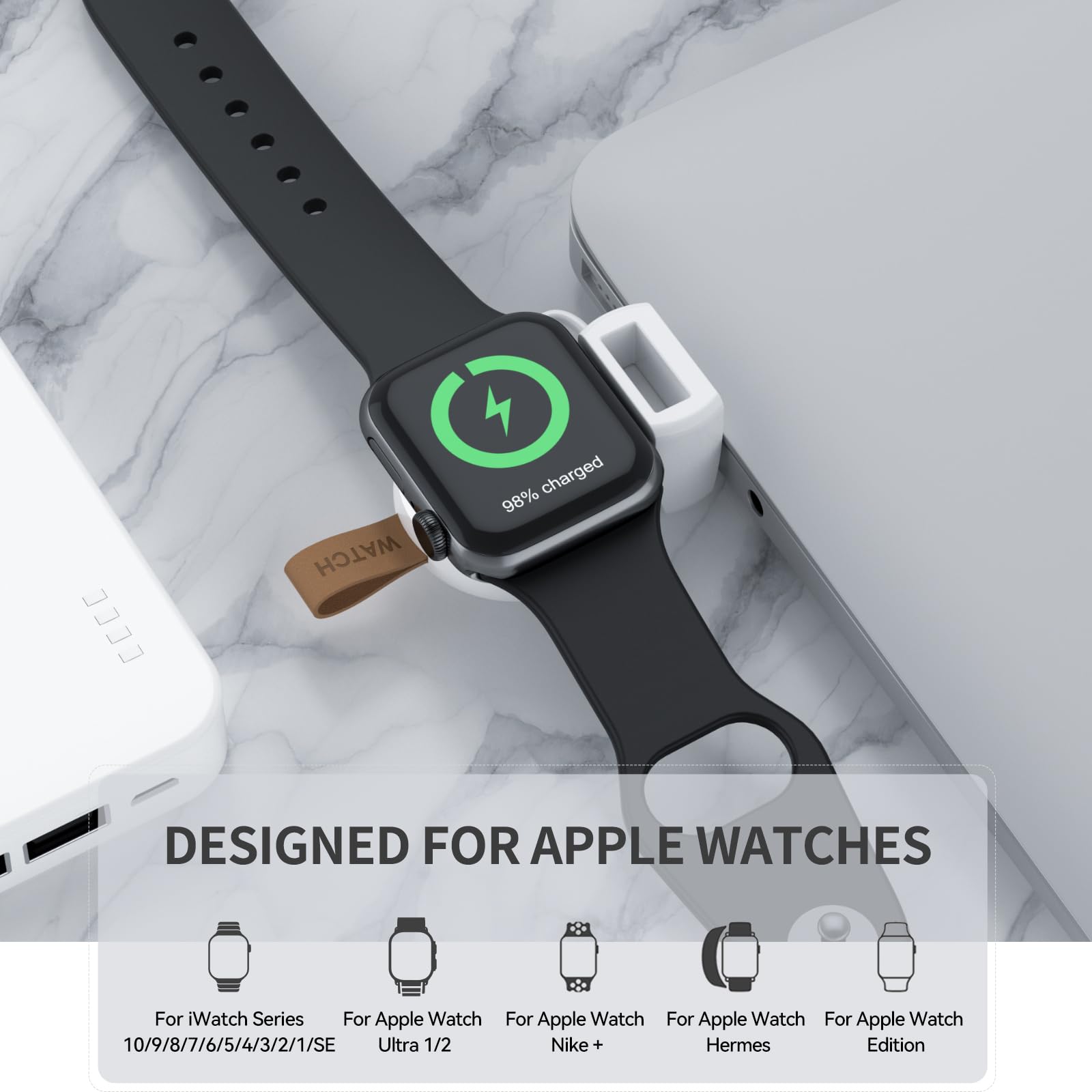 NEWDERY Charger for Apple Watch Portable iWatch USB Wireless Charger, Travel Cordless Charger with Light Weight Magnetic Quick Charge for Apple Watch Ultra 2 Series 9 8 7 6 5 4 3 2 1 SE, White