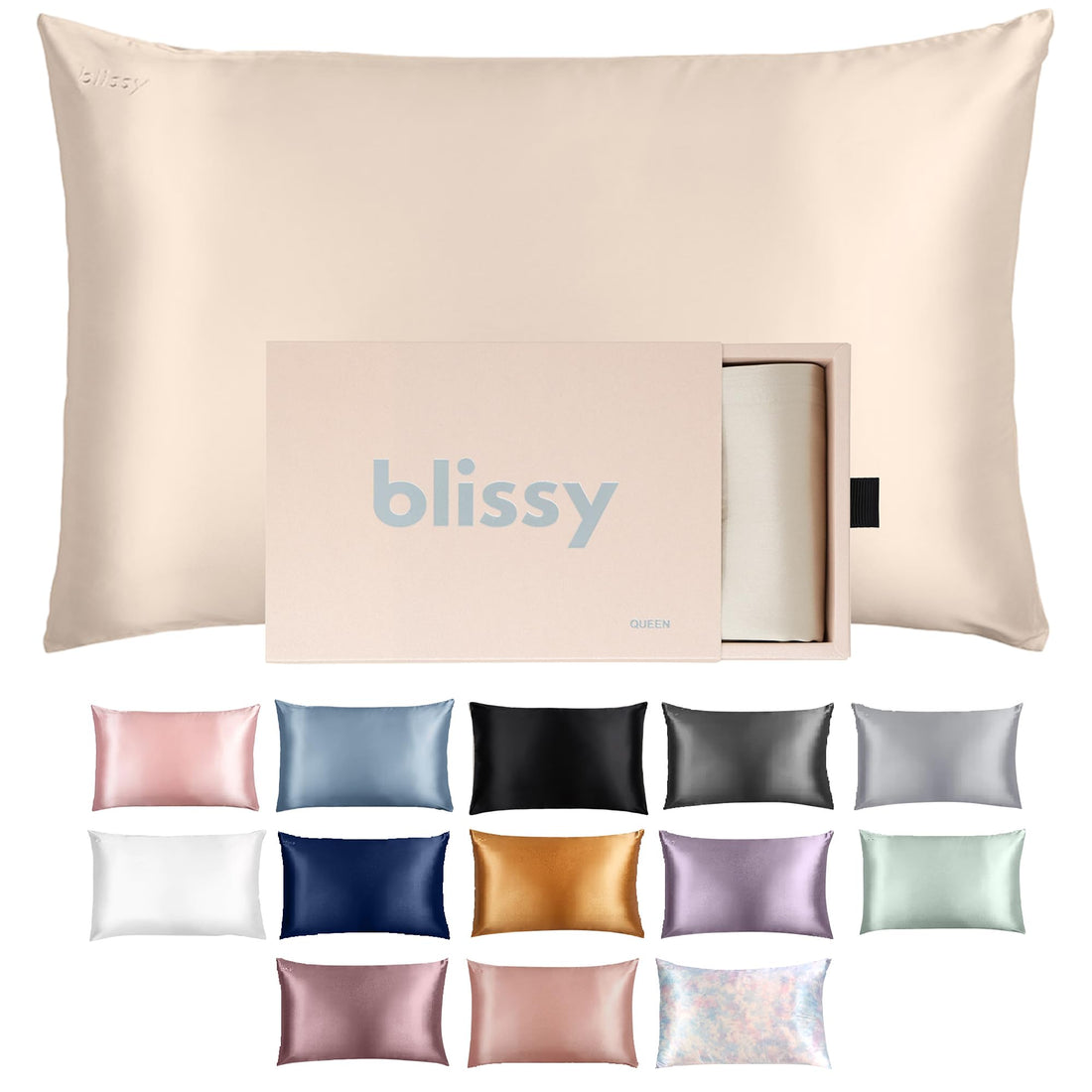 Blissy Silk Pillowcase - 100% Pure Mulberry Silk - 22 Momme 6A High-Grade Fibers - Silk Pillow Cover for Hair &amp; Skin - Regular, Queen &amp; King with Hidden Zipper (Queen, Champagne)