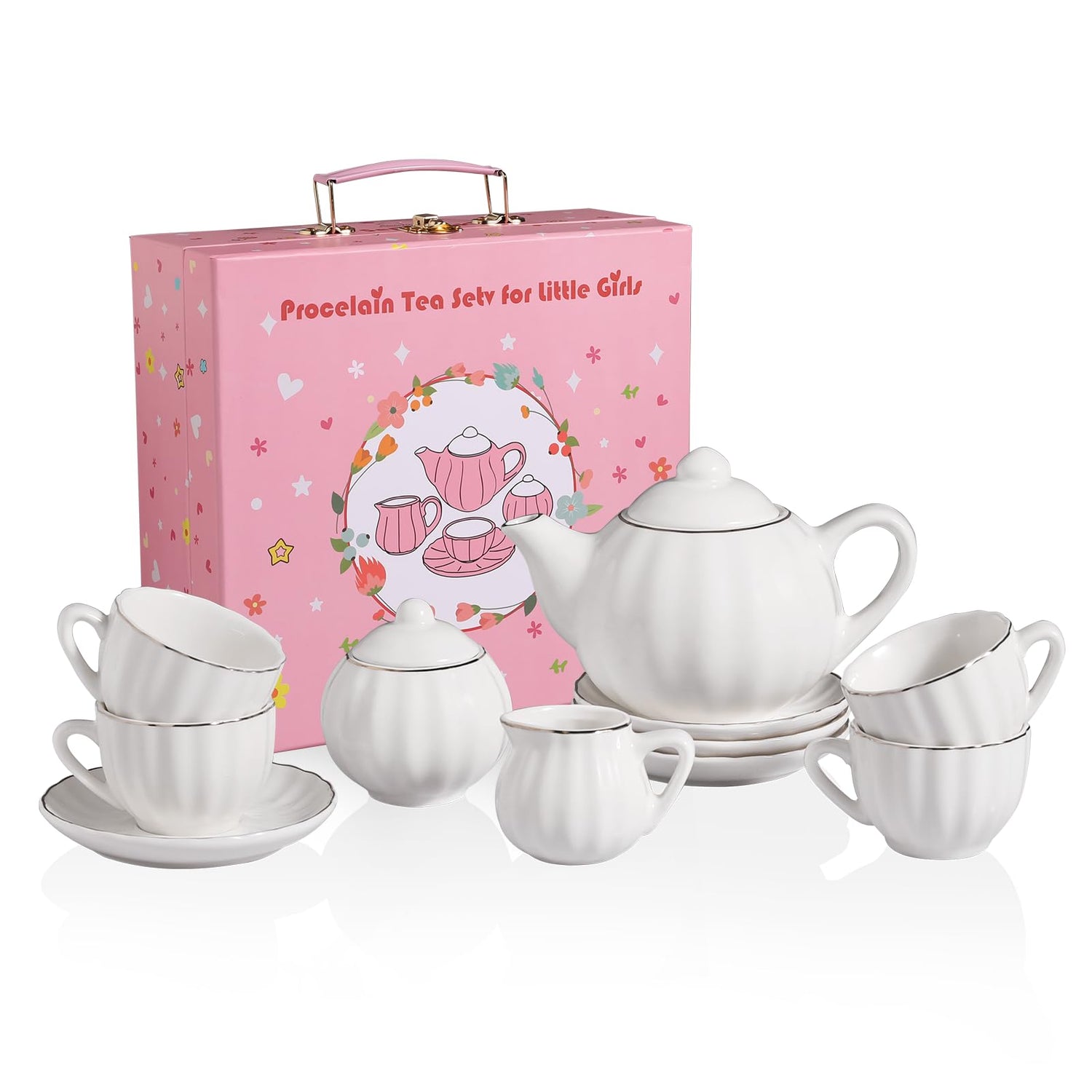 Sweejar Porcelain Tea Set for Little Girls,Kitchen Toys Tea Party Set for Kids Toddler Kitchen Pretend Toy Include Children Teapot, Cup &amp; Saucer Set of 4, Sugar Bowl and Cream Pitcher(Pink)