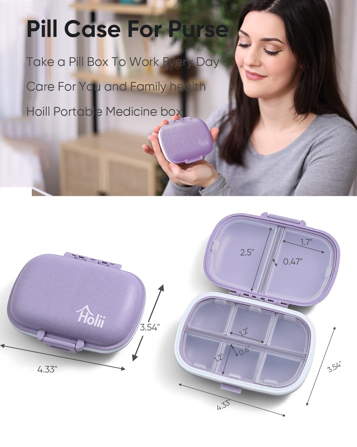 Holii Travel Pill Organizer, 8 Compartments Portable Pill Case, Daily Pill Box to Hold Vitamins, Small Pill Container for Pocket Purse Medicine Organizer（Khaki）