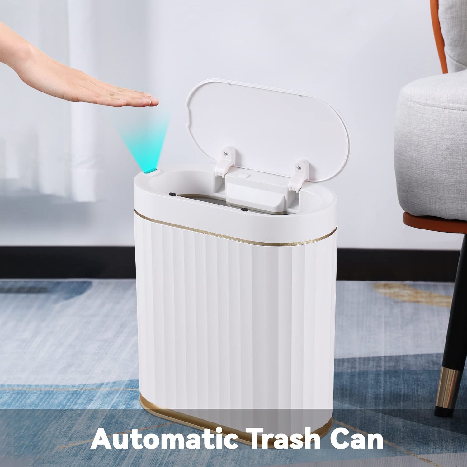 ELPHECO Mini Desktop Trash Can with Lid, Small Slim Automatic Garbage Can, 1.3 Gallon Motion Sensor Countertop Waste Basket for Bedroom, Office, Bathroom, White with Grey Trim