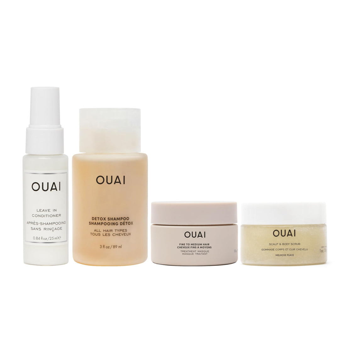 OUAI Travel Kit - Includes Travel Size Leave In Conditioner, Detox Shampoo, Fine to Medium Hair Mask, Scalp &amp; Body Scrub - Travel Size Stocking Stuffers for Women (4 Count)