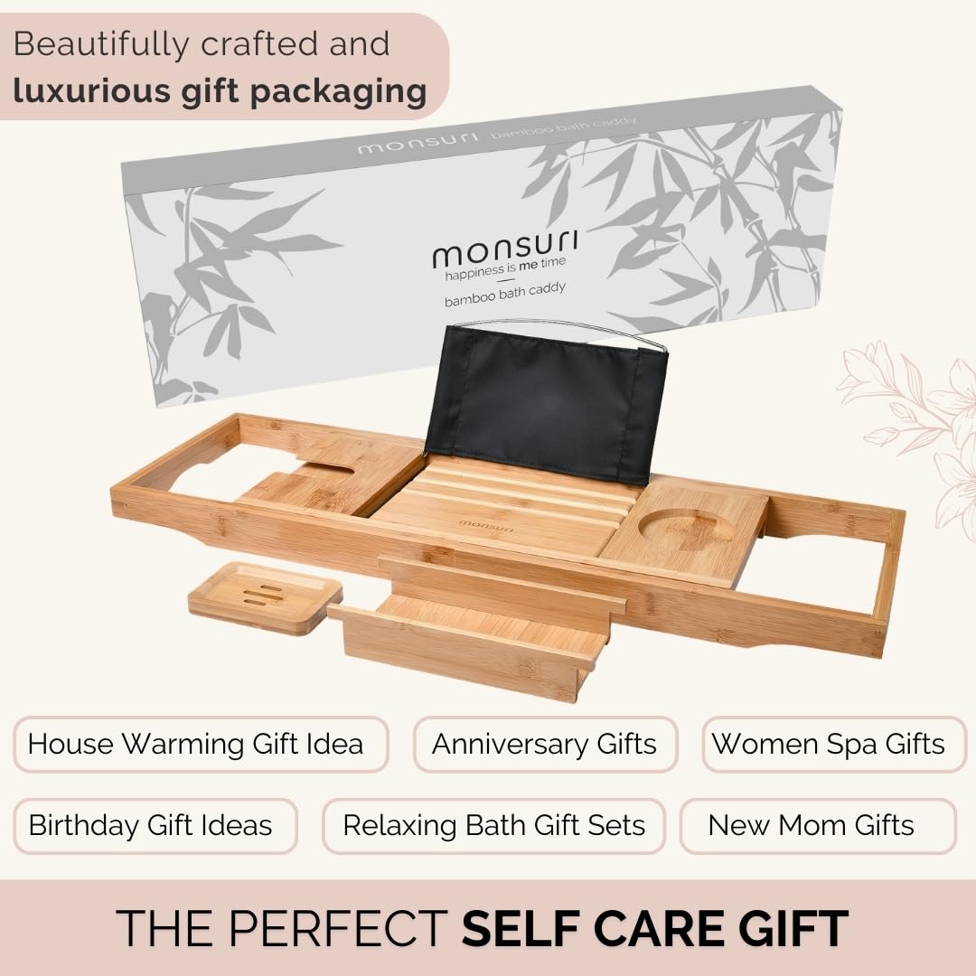 Bamboo Bathtub Tray Caddy Expandable - Over The Tub Bath Caddy Tray for Bathtub Accessories for Relaxing Spa, Bamboo Bath Tray for Tub Accessories for Bathtub for Women. Bath Spa Gifts for Women.