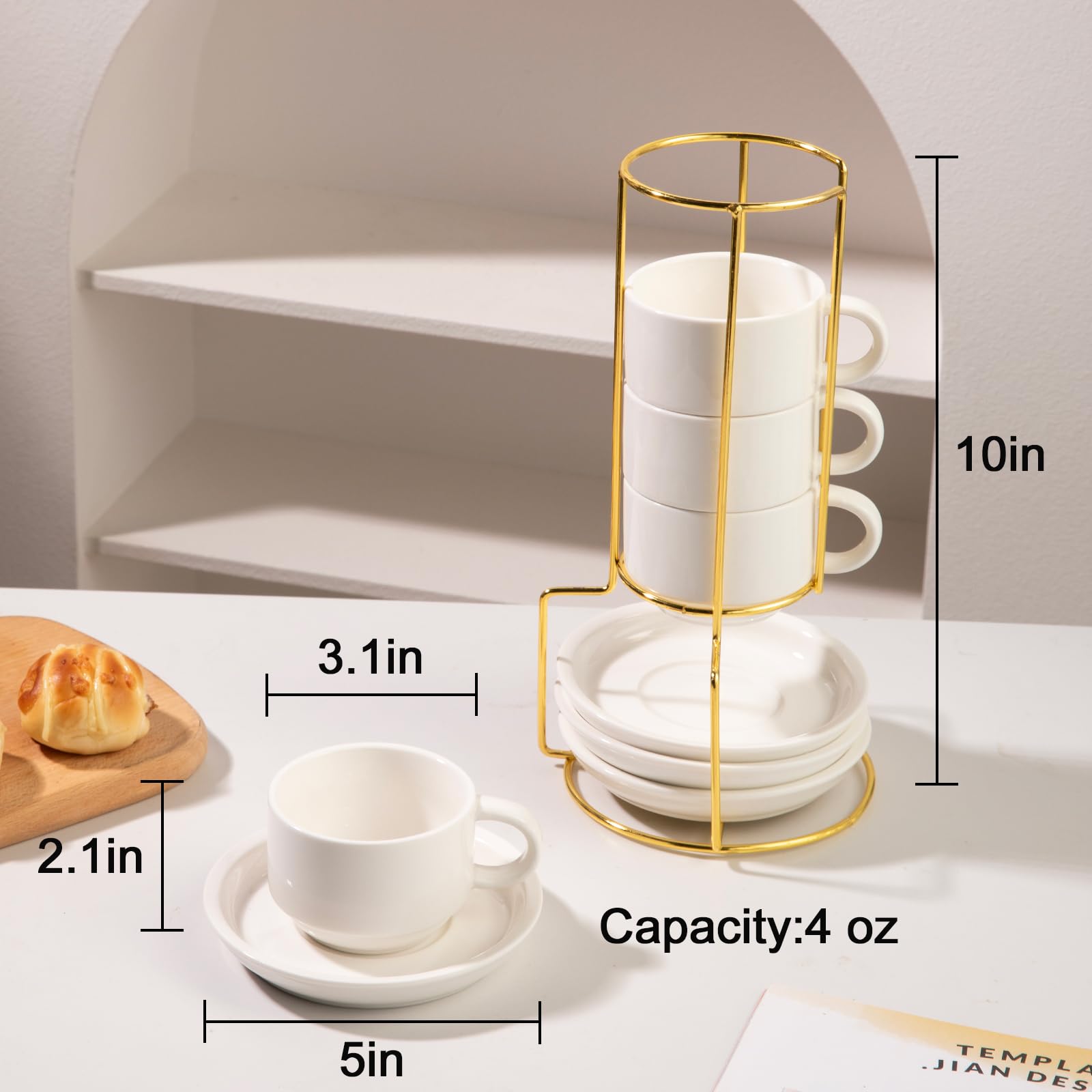 Sweejar Porcelain Espresso Cups with Saucers, 2.5 Ounce Stackable Cappuccino Cups with Metal Stand for Coffee Drinks, Latte, Tea - Set of 4 (Black)