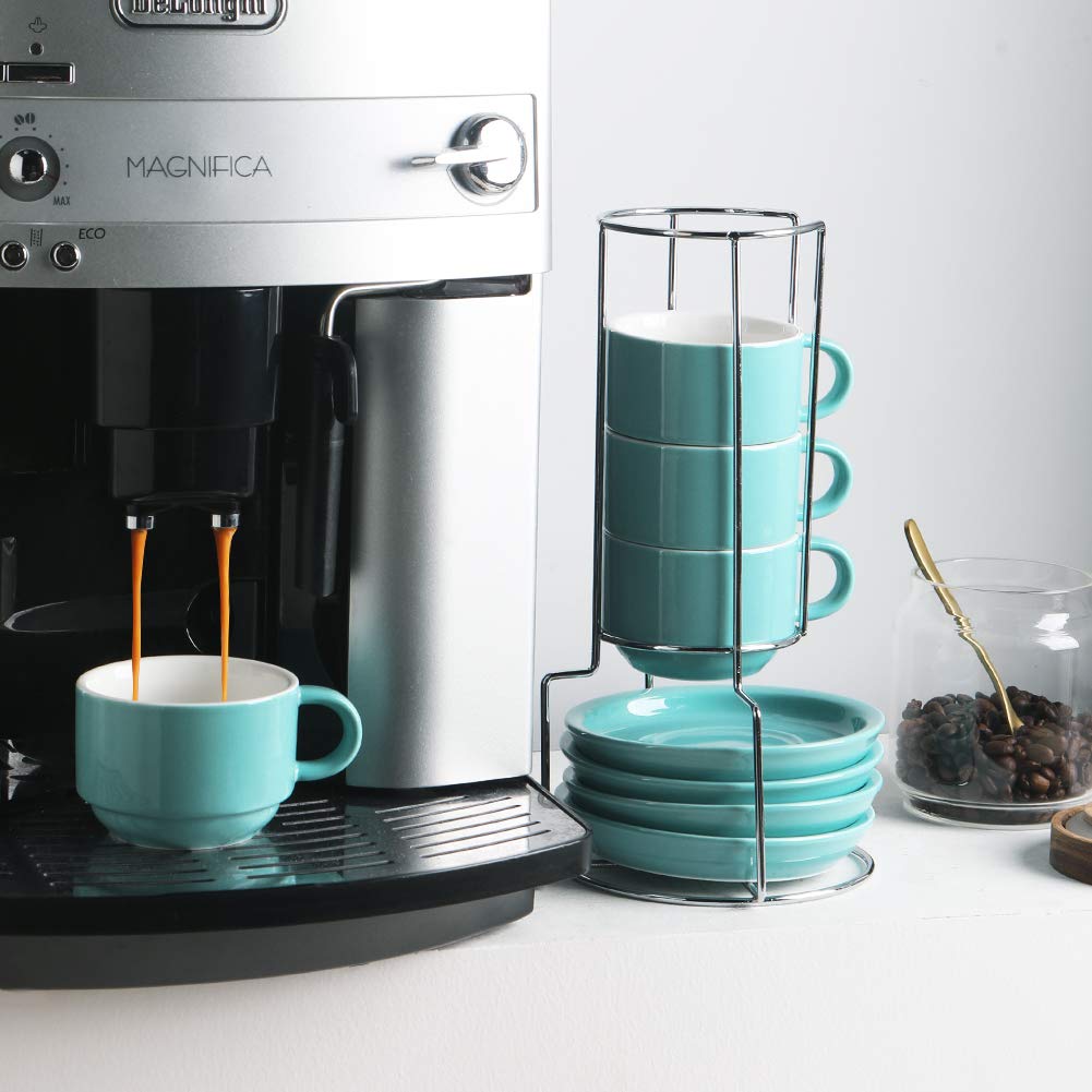 Sweejar Porcelain Espresso Cups with Saucers, 2.5 Ounce Stackable Cappuccino Cups with Metal Stand for Coffee Drinks, Latte, Tea - Set of 4 (Black)