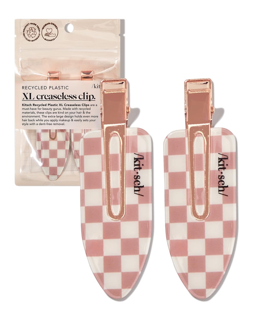 Kitsch Creaseless Hair Clips - Recycled Plastic XL No Bend Hair Clips for Makeup | No Crease Hair Clips | Stylish Make Up Hair Clip | Hair Accessories Styling Clips, 2pcs (Terracotta Checker)