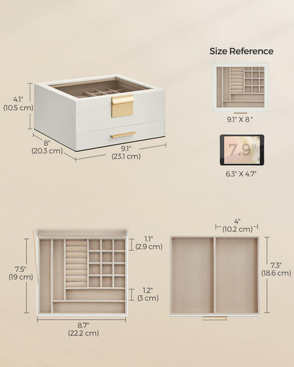 SONGMICS Jewelry Box with Glass Lid, 3-Layer Jewelry Organizer, 2 Drawers, for Big and Small Jewelry, Jewelry Storage, Modern Style, 8 x 9.1 x 5.3 Inches, Cloud White and Gold Color UJBC239WT