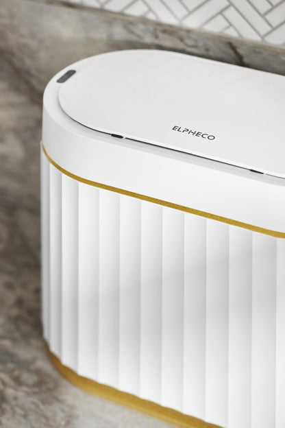 ELPHECO Mini Desktop Trash Can with Lid, Small Slim Automatic Garbage Can, 1.3 Gallon Motion Sensor Countertop Waste Basket for Bedroom, Office, Bathroom, White with Grey Trim
