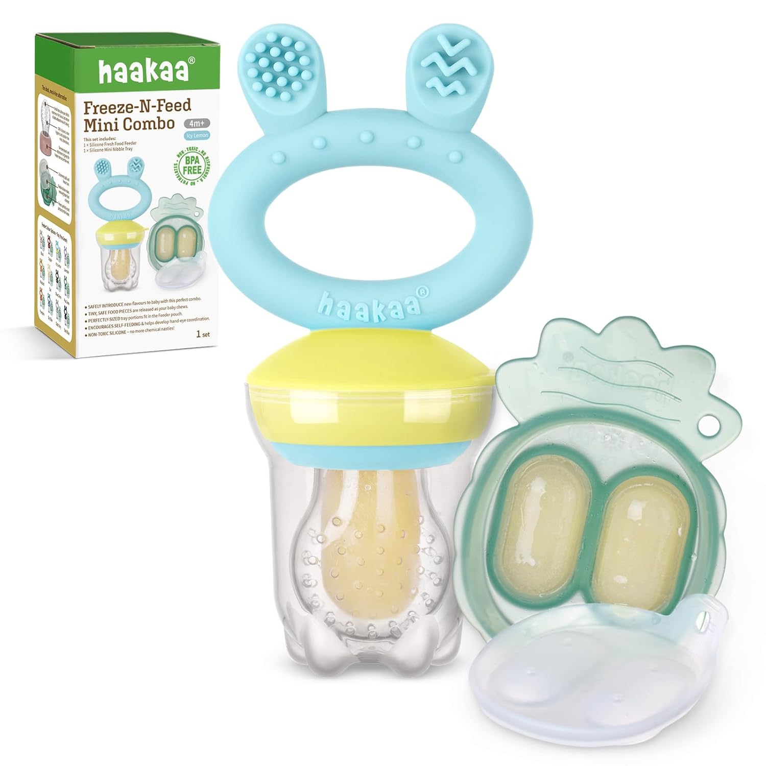 Haakaa Baby Fruit Food Feeder &amp; Mini Freezer Nibble Tray Combo, Breastmilk Popsicle Molds for Cooling Relief, BPA Free Silicone Feeder for Safe Infant Self Feeding, 4 Month+ (Pea Green)