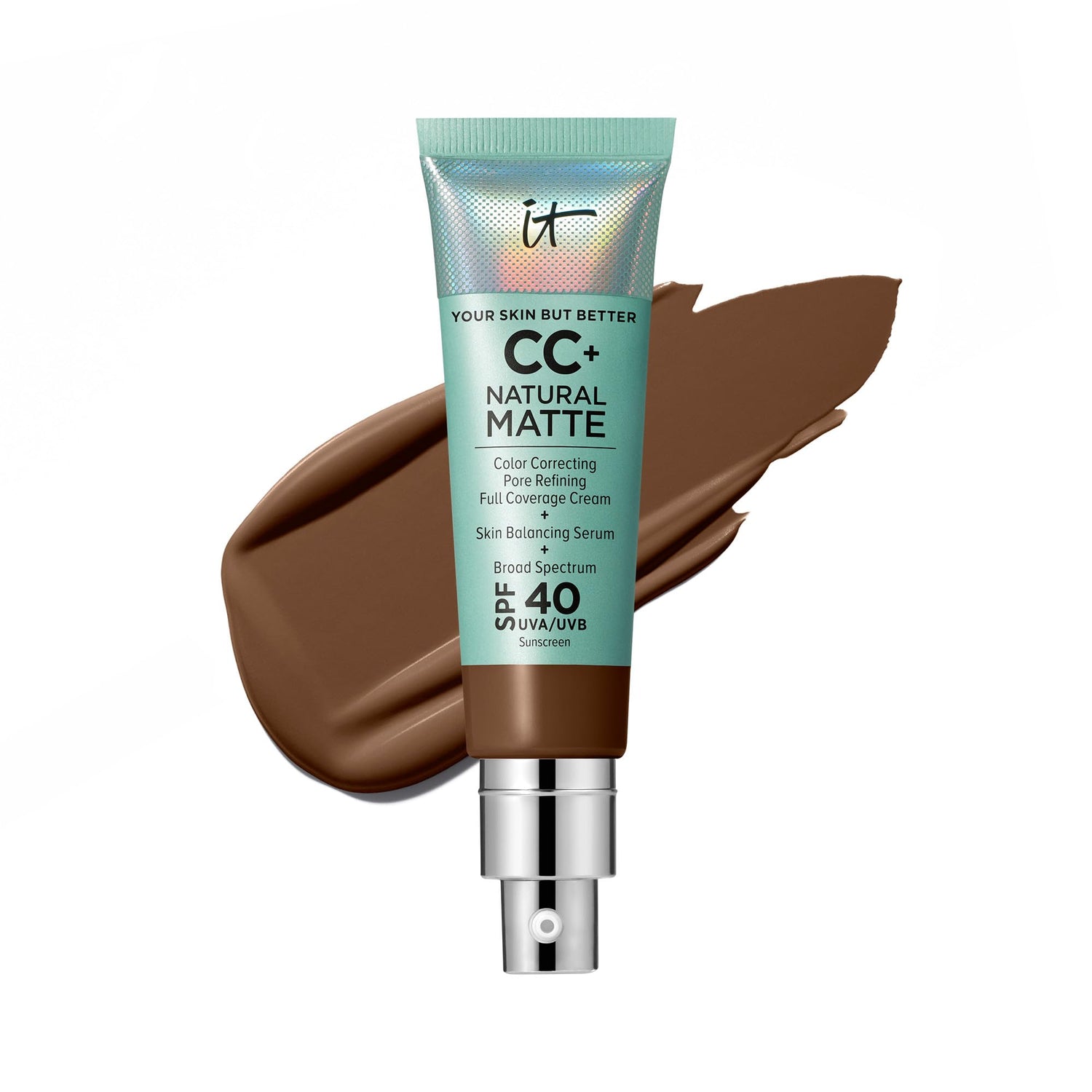 IT Cosmetics CC+ Cream Natural Matte Foundation with SPF 40 - Shine-Reducing &amp; Long-Wear Full Coverage Foundation For Oily Skin - With Hyaluronic Acid - Fragrance Free &amp; Non-Comedogenic - 1.08 fl oz