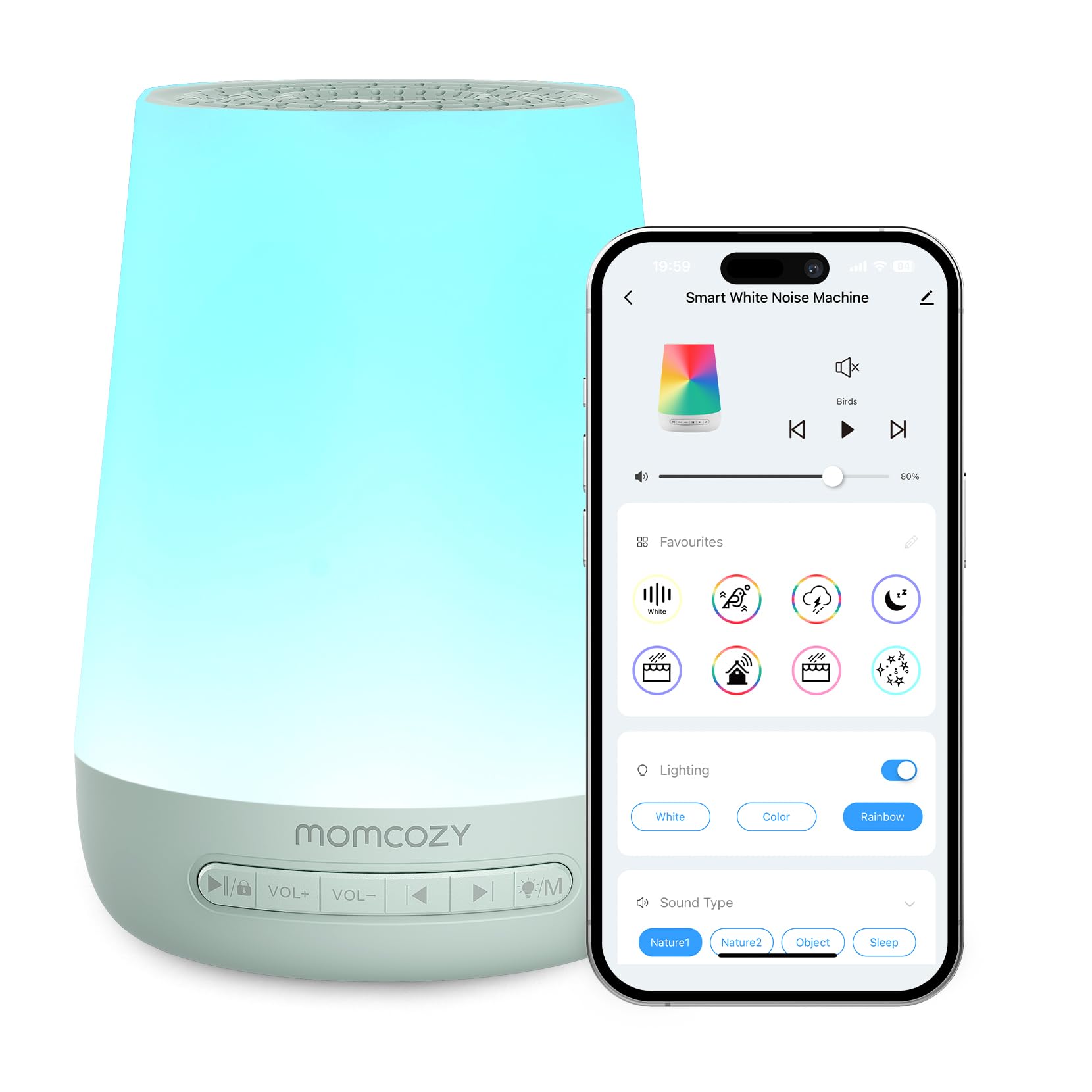 Baby Sound Machine, Momcozy White Noise Machine for Baby Sleeping with Night Light, Toddler Sleep Trainer 34 Soothing Sleep Sounds, Timer, App Remote Control, Personal Sleep Routine Alarm Clock(Blue)