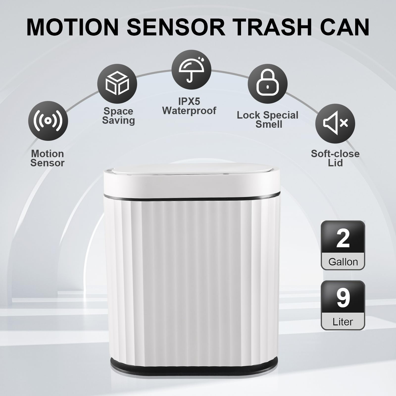 ELPHECO Mini Desktop Trash Can with Lid, Small Slim Automatic Garbage Can, 1.3 Gallon Motion Sensor Countertop Waste Basket for Bedroom, Office, Bathroom, White with Grey Trim