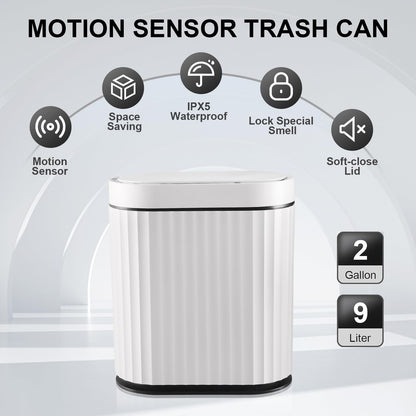 ELPHECO Mini Desktop Trash Can with Lid, Small Slim Automatic Garbage Can, 1.3 Gallon Motion Sensor Countertop Waste Basket for Bedroom, Office, Bathroom, White with Grey Trim