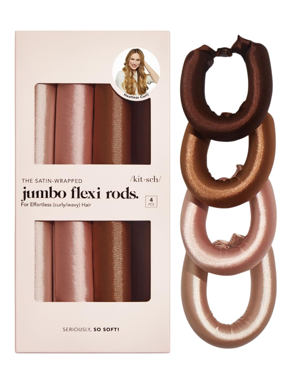 Kitsch Satin Heatless Curling Rod- XL Heatless Hair Curler w/Reliable Snap - Heatless Curls Overnight - Soft Hair Rollers to Sleep In - No Heat Curls Overnight Curlers for Short Hair - 4pcs -Rosewood