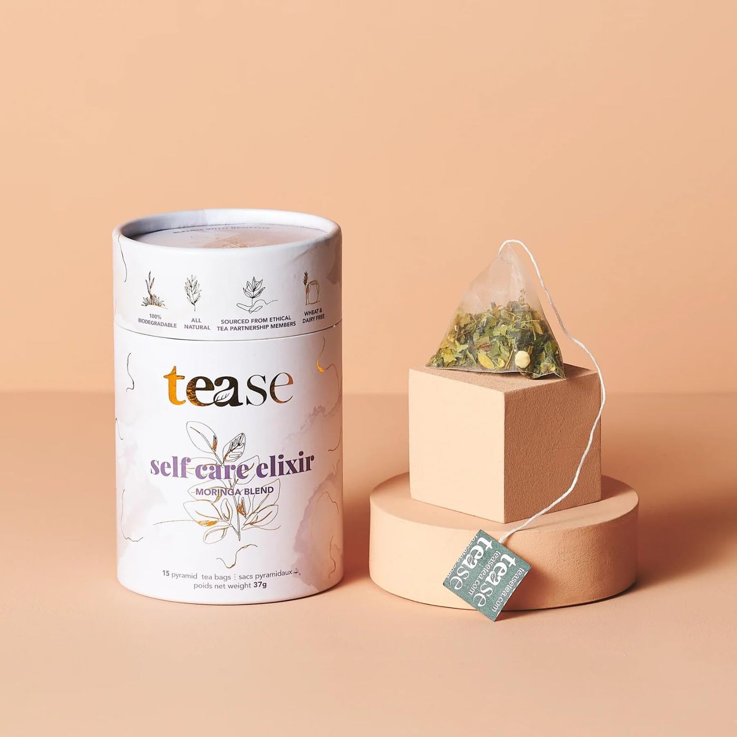 Tease Tea Organic Tea Tube Gift Set | 15 Piece Botanical Pyramid Tea Bag Infuser Sachets Loose Leaf Support Citrusy Blend with Rooibos, Peppermint, Valerian Root Caffeine Free 37g (Golden Slumbers)