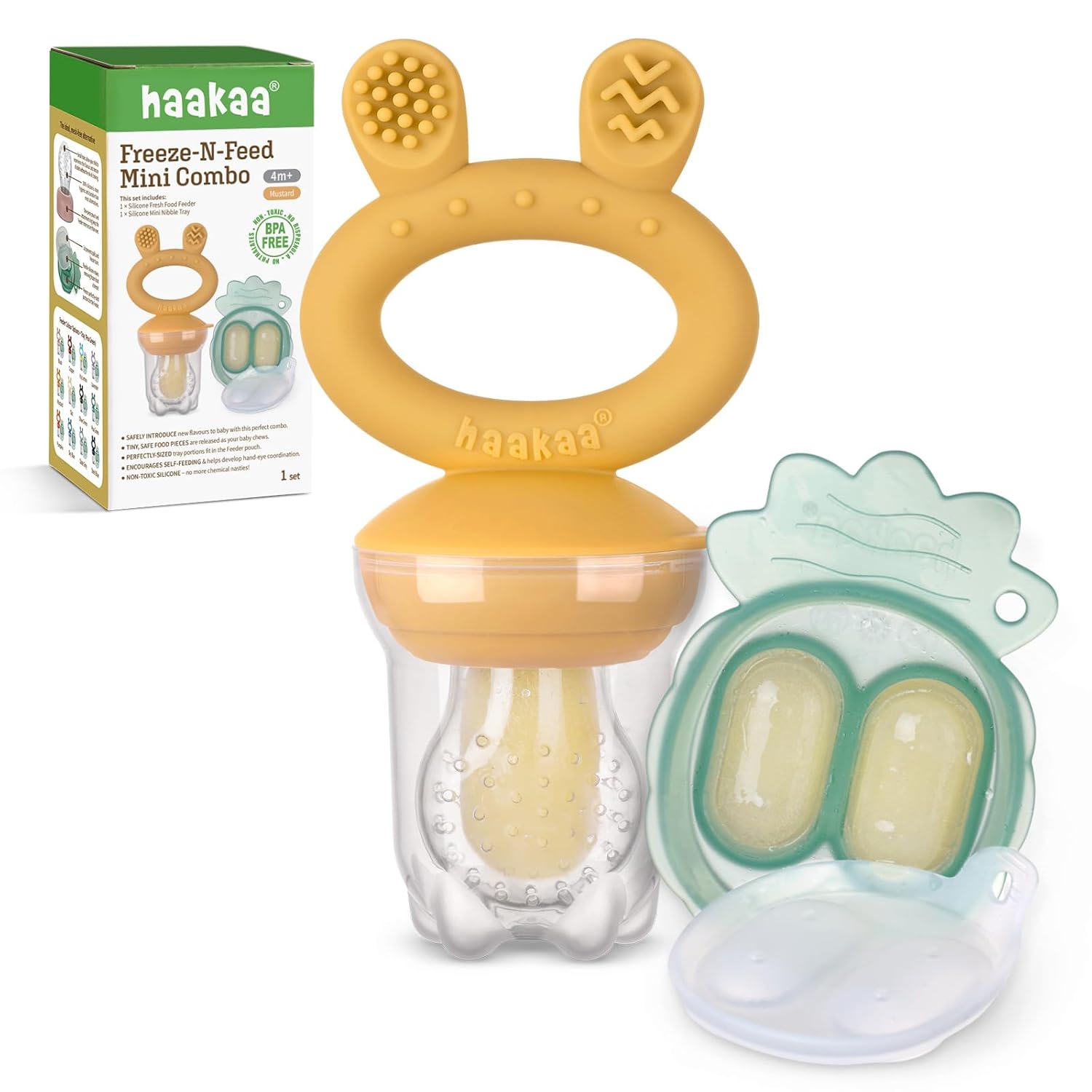 Haakaa Baby Fruit Food Feeder &amp; Mini Freezer Nibble Tray Combo, Breastmilk Popsicle Molds for Cooling Relief, BPA Free Silicone Feeder for Safe Infant Self Feeding, 4 Month+ (Pea Green)