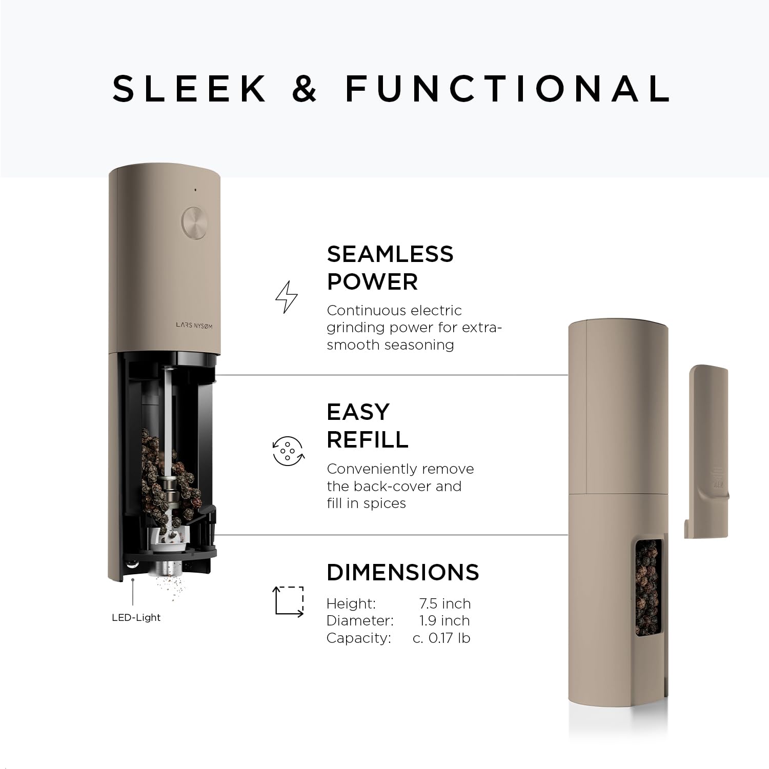 LARS NYSØM Electric Salt and Pepper Grinder Set I Automatic Salt and Pepper Mills with Adjustable Ceramic Grinder I USB Rechargeable Electric Spice Grinder Set (Almond Beige)