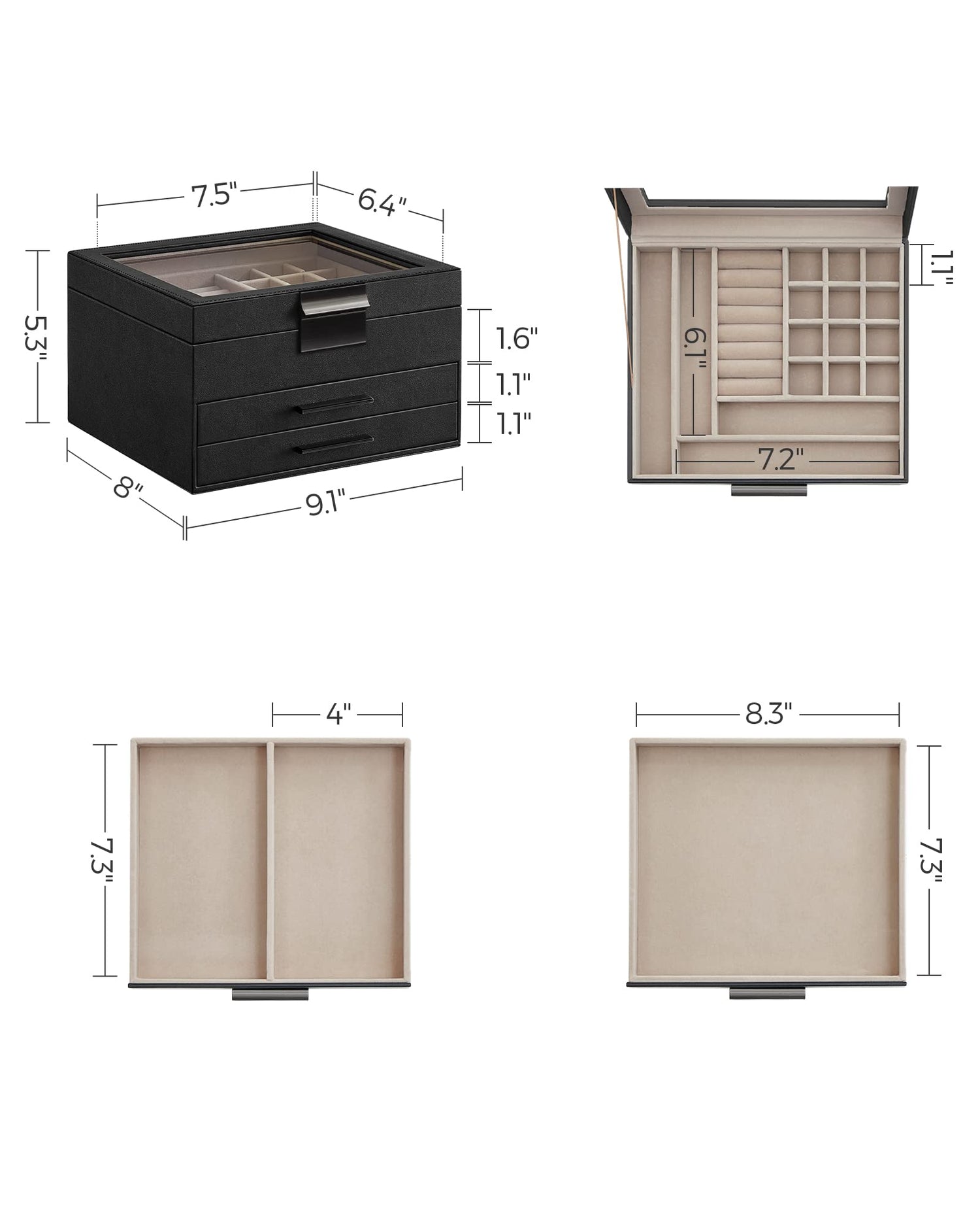 SONGMICS Jewelry Box with Glass Lid, 3-Layer Jewelry Organizer, 2 Drawers, for Big and Small Jewelry, Jewelry Storage, Modern Style, 8 x 9.1 x 5.3 Inches, Cloud White and Gold Color UJBC239WT