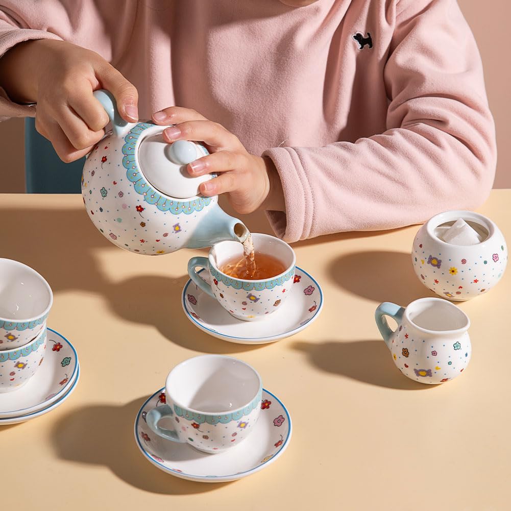 Sweejar Porcelain Tea Set for Little Girls,Kitchen Toys Tea Party Set for Kids Toddler Kitchen Pretend Toy Include Children Teapot, Cup &amp; Saucer Set of 4, Sugar Bowl and Cream Pitcher(Pink Polka Dot)