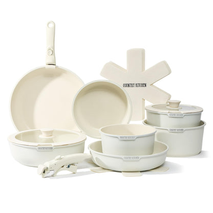Country Kitchen Cookware Set with Removable Handle, Oven &amp; RV Safe Pots and Pans Set, Cream, Deluxe Larger Set