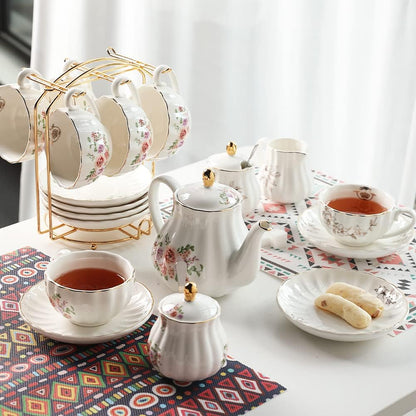 Sweejar Porcelain Tea Sets British Royal Series and 3 Tier Ceramic Cake Stand(Rose Flower)