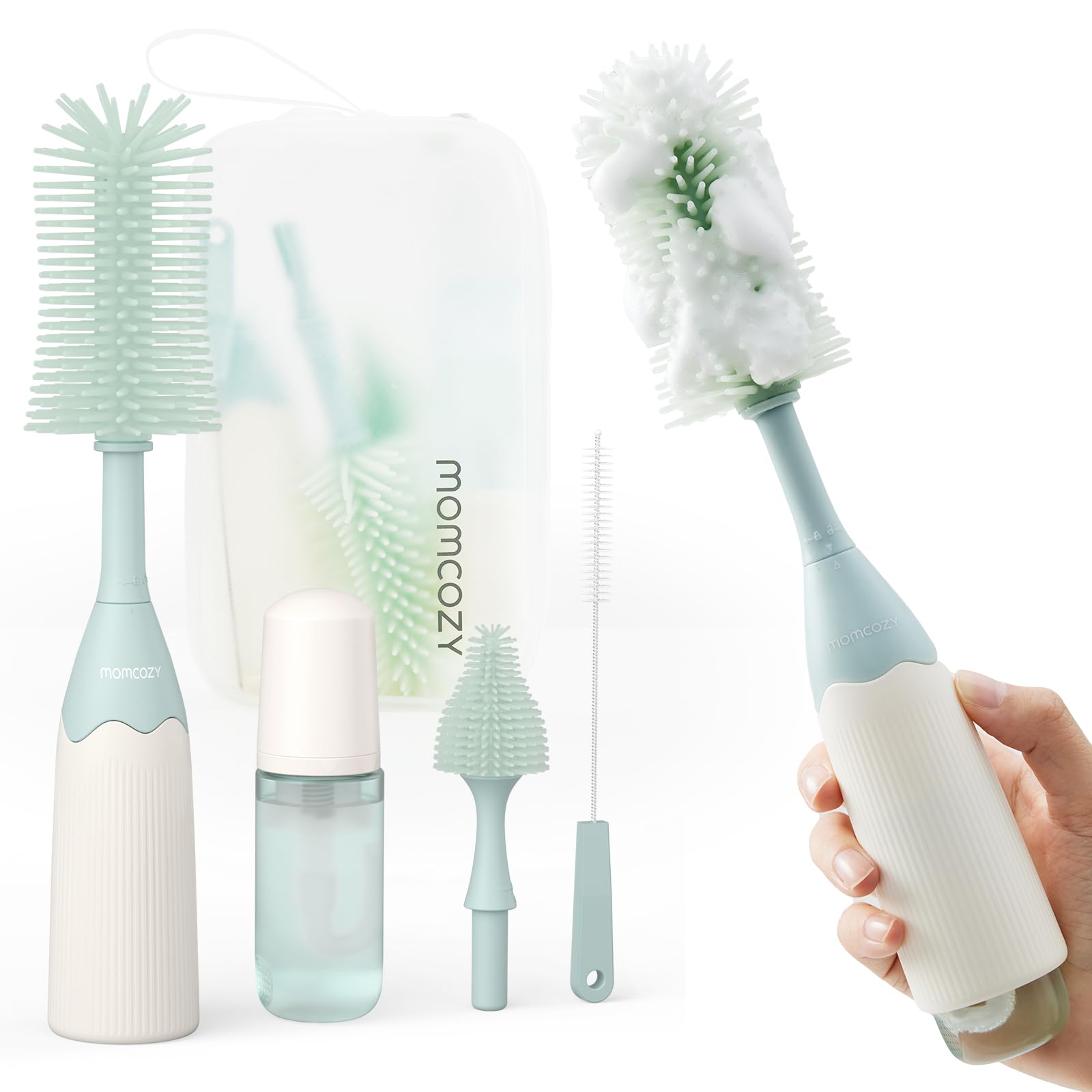 Momcozy Bottle Brush Kit, Innovative Push-Press Design for Better Cleaning - Baby Bottle Cleaner Brush for Baby Bottle, Breast Pumps, Nipples, and More - Can Generate Foam for Better Cleaning, Pink