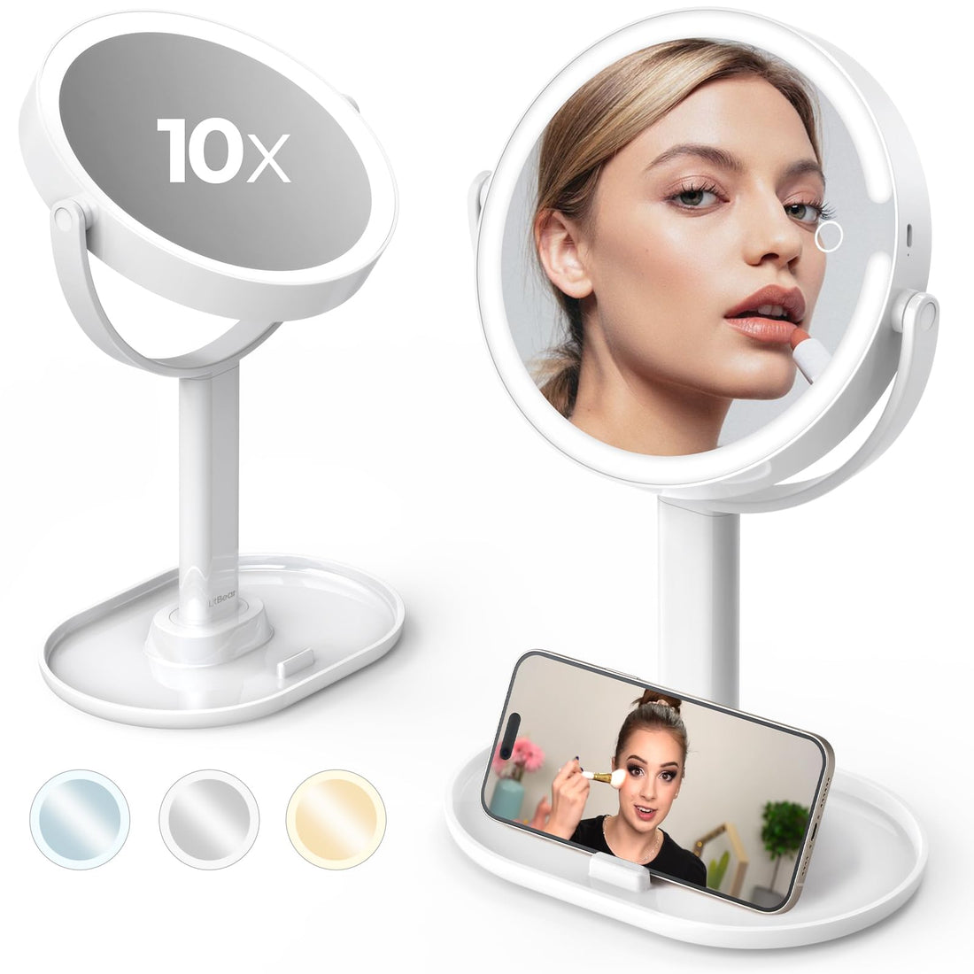 8&quot; Large Lighted Makeup Mirror with 10X/1X Magnification, Rechargeable 4000mAh Vanity Mirror, Bright Makeup Mirror with Light, 3 Colors, Brightness Adjustable, 360° Rotation Double Sided Mirror