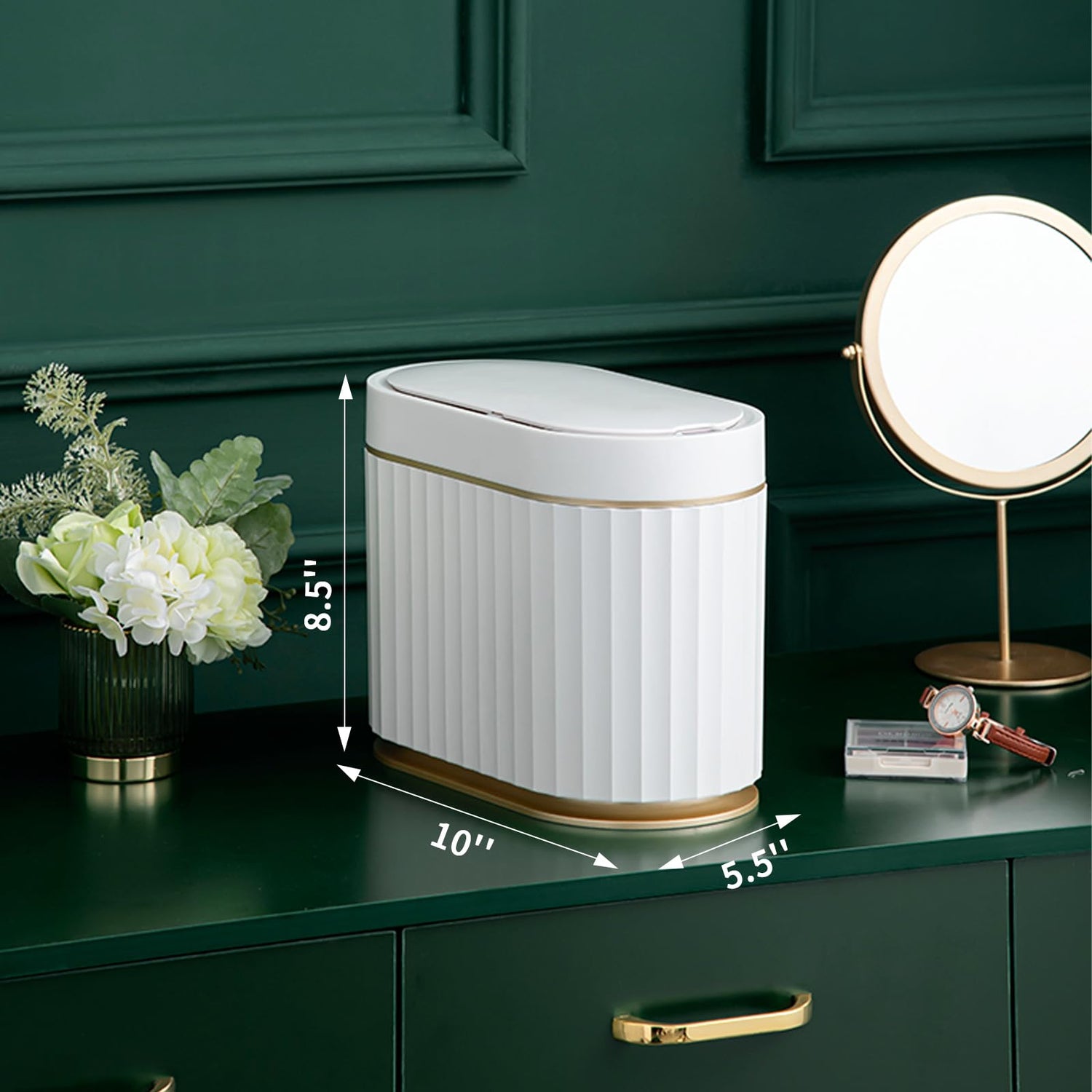 ELPHECO Mini Desktop Trash Can with Lid, Small Slim Automatic Garbage Can, 1.3 Gallon Motion Sensor Countertop Waste Basket for Bedroom, Office, Bathroom, White with Grey Trim