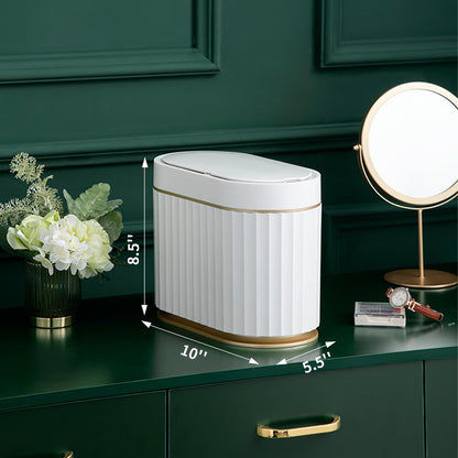 ELPHECO Mini Desktop Trash Can with Lid, Small Slim Automatic Garbage Can, 1.3 Gallon Motion Sensor Countertop Waste Basket for Bedroom, Office, Bathroom, White with Grey Trim