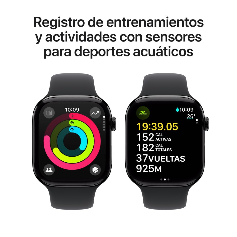 Apple Watch Series 10 [GPS 46mm] Smartwatch with Jet Black Aluminium Case with Black Sport Band. Fitness Tracker, ECG App, Always-On Retina Display, Water-Resistant