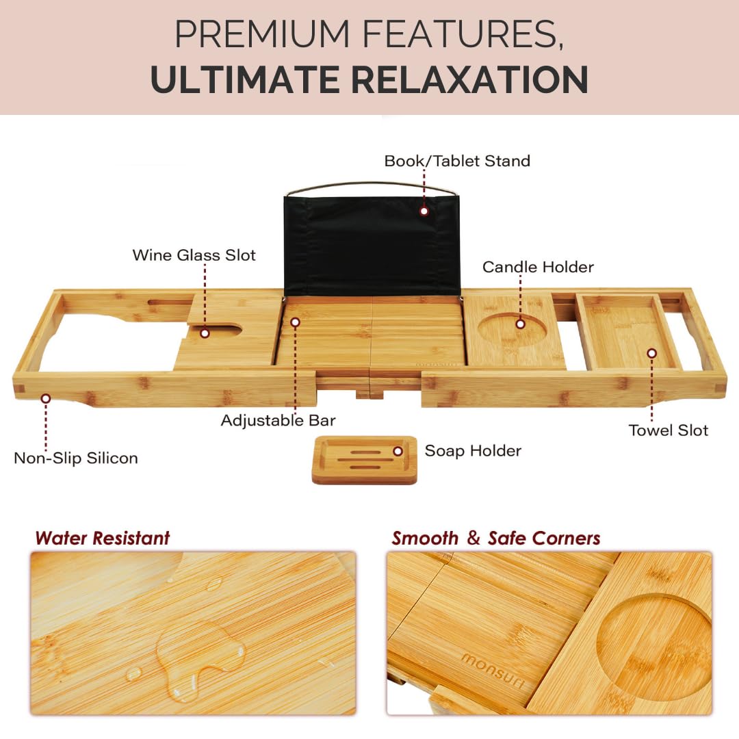Bamboo Bathtub Tray Caddy Expandable - Over The Tub Bath Caddy Tray for Bathtub Accessories for Relaxing Spa, Bamboo Bath Tray for Tub Accessories for Bathtub for Women. Bath Spa Gifts for Women.