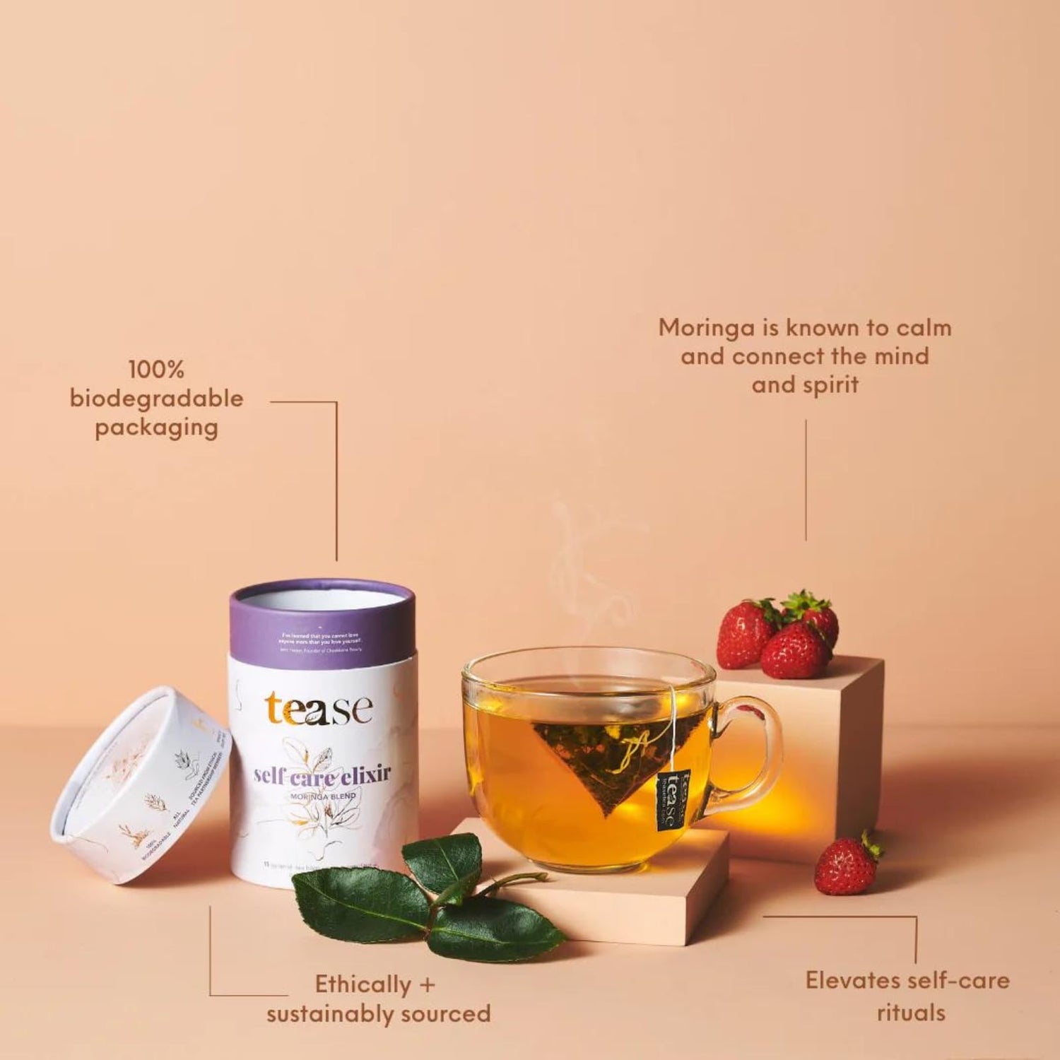 Tease Tea Organic Tea Tube Gift Set | 15 Piece Botanical Pyramid Tea Bag Infuser Sachets Loose Leaf Support Citrusy Blend with Rooibos, Peppermint, Valerian Root Caffeine Free 37g (Golden Slumbers)