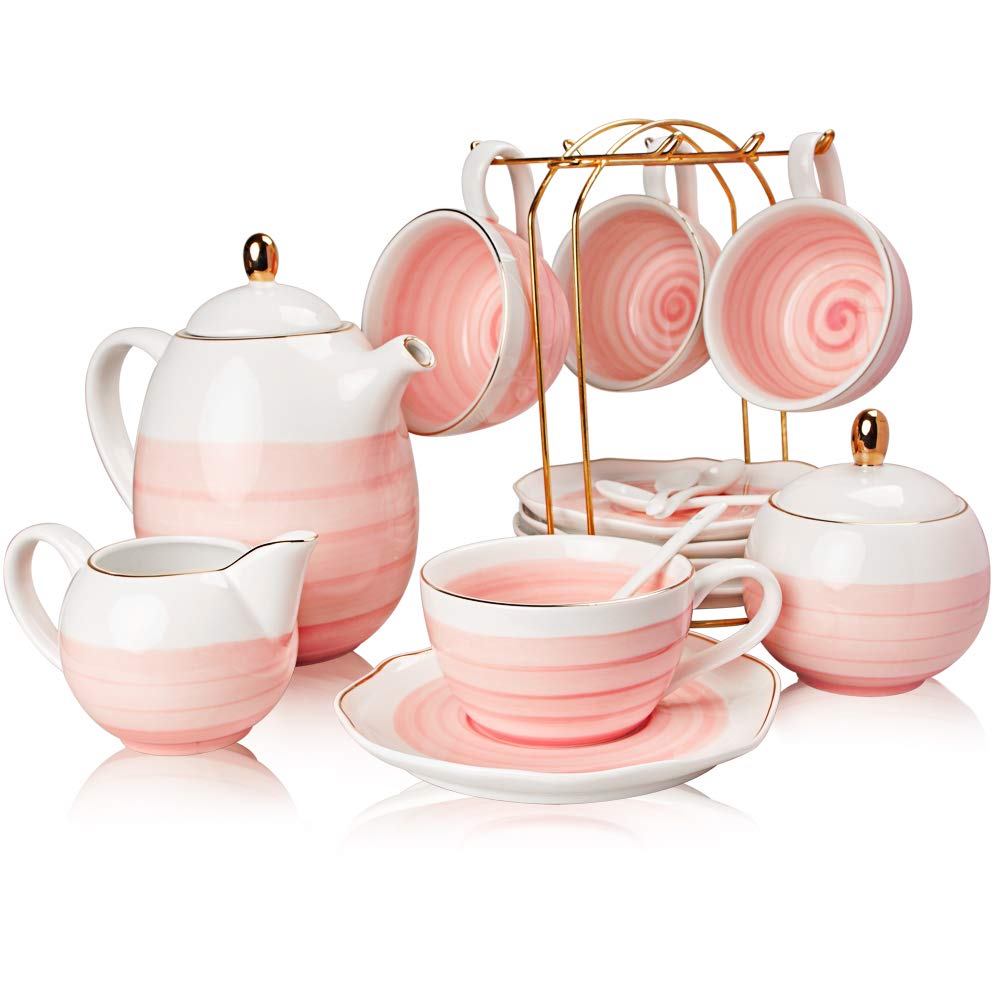 Sweejar Porcelain Tea Sets, 8 OZ Cups &amp; Saucer Service for 4, Teapot Sugar Bowl Cream Pitcher Teaspoons and Tea Strainer for Adult Tea Coffee Afternoon Party(Blue)