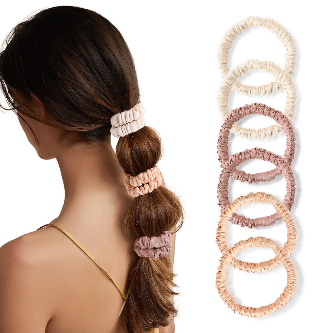 6PCS Silk Scrunchies for Hair, 100% Mulberry Silk Hair Ties, Scrunchies for Women Girls, Elastic Ponytail Holders No Damage