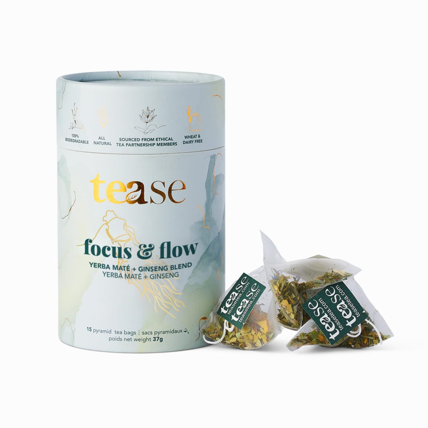 Tease Tea Organic Tea Tube Gift Set | 15 Piece Botanical Pyramid Tea Bag Infuser Sachets Loose Leaf Support Citrusy Blend with Rooibos, Peppermint, Valerian Root Caffeine Free 37g (Golden Slumbers)