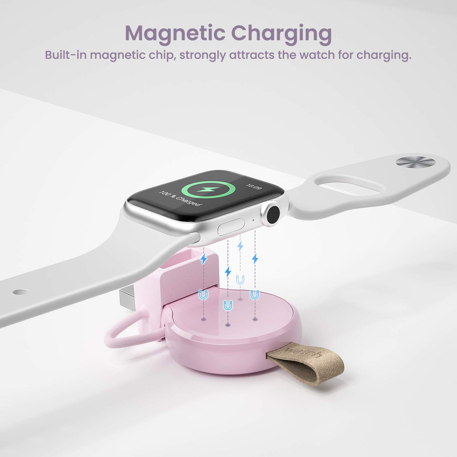 NEWDERY Charger for Apple Watch Portable iWatch USB Wireless Charger, Travel Cordless Charger with Light Weight Magnetic Quick Charge for Apple Watch Ultra 2 Series 9 8 7 6 5 4 3 2 1 SE, White