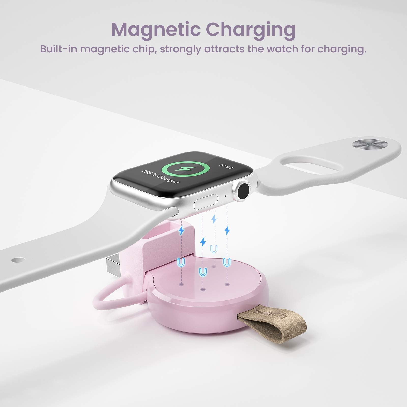 NEWDERY Charger for Apple Watch Portable iWatch USB Wireless Charger, Travel Cordless Charger with Light Weight Magnetic Quick Charge for Apple Watch Ultra 2 Series 9 8 7 6 5 4 3 2 1 SE, White