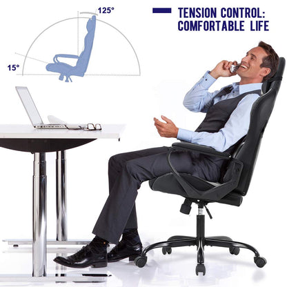 Ergonomic Office Chair, High-Back White Gaming Chair with Lumbar Support PC Computer Chair Racing Chair PU Task Desk Chair Ergonomic Executive Swivel Rolling Chair for Back Pain Women, Men (Black)