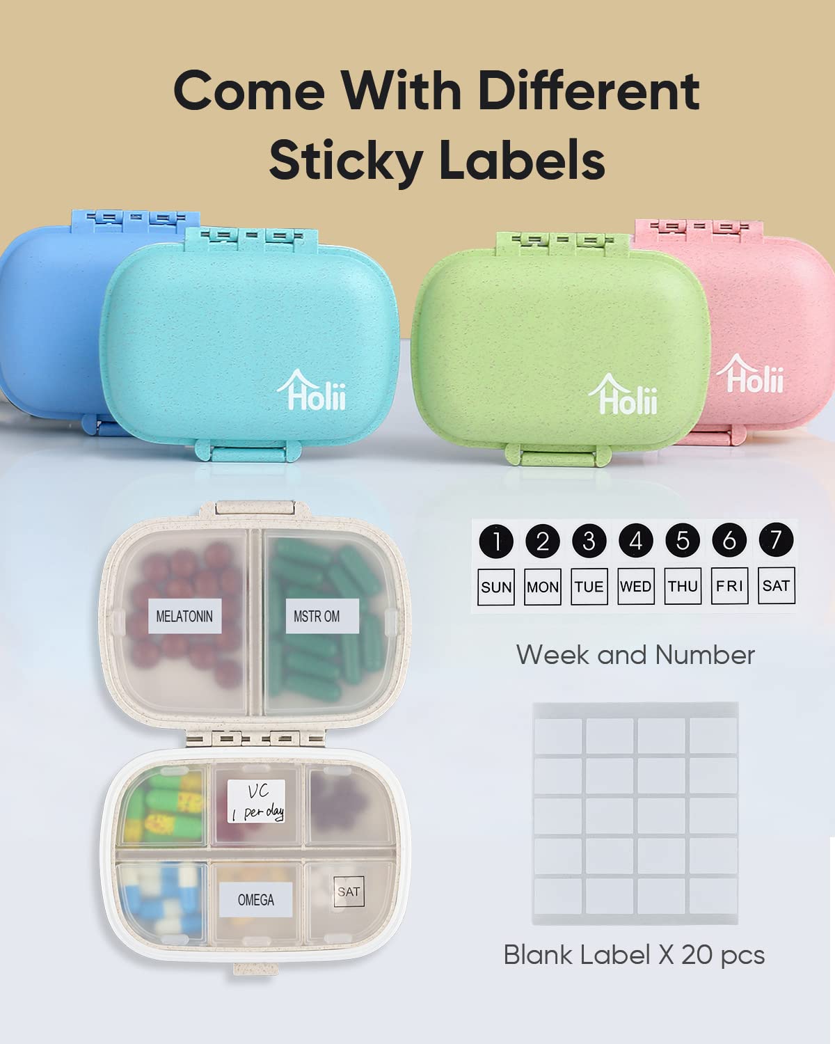 Holii Travel Pill Organizer, 8 Compartments Portable Pill Case, Daily Pill Box to Hold Vitamins, Small Pill Container for Pocket Purse Medicine Organizer（Khaki）