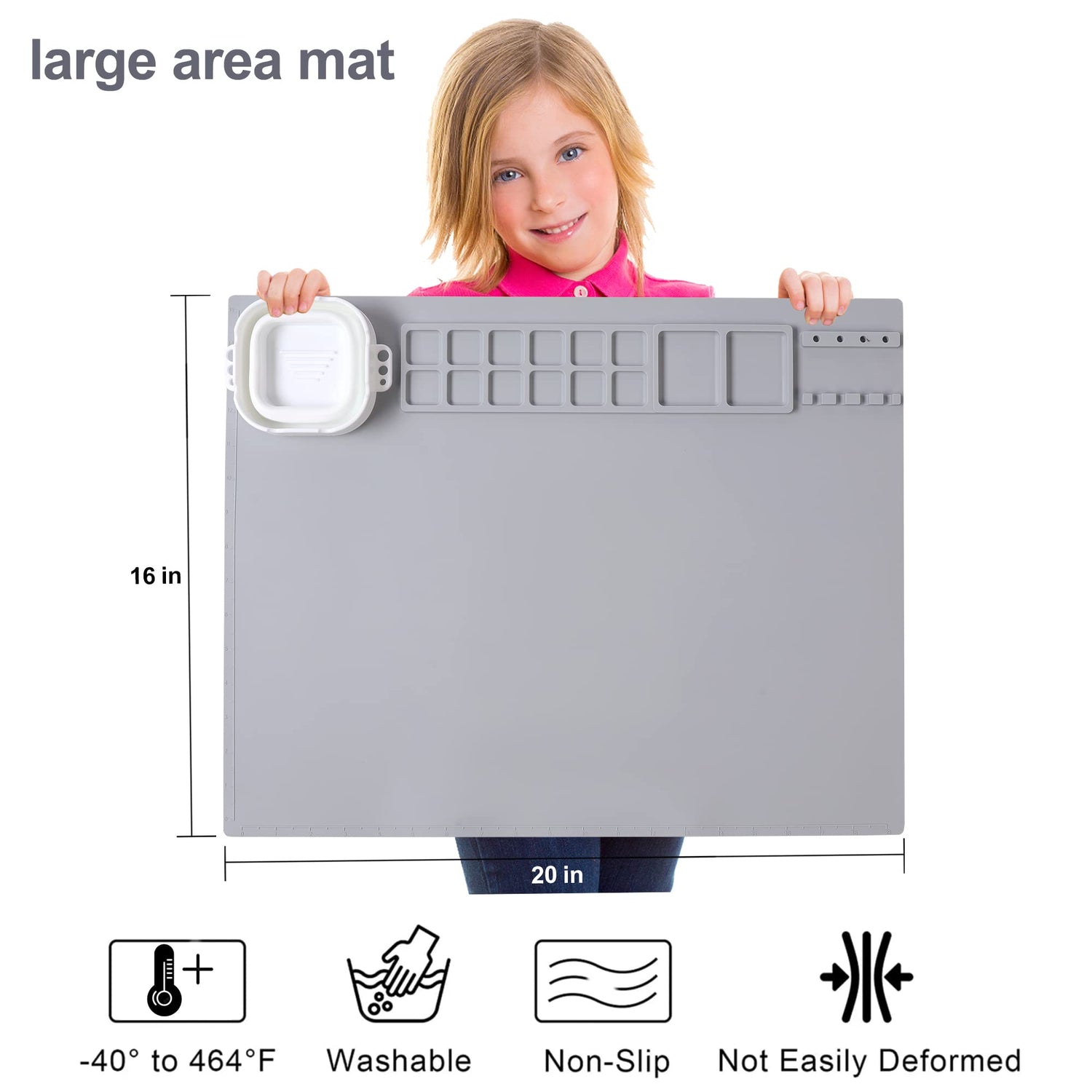 AWOKE Silicone Painting Mat - 20&quot;X16&quot; Silicone Art Mat with 1 Water Cup for Kids - Silcone Craft Mat has12 Color Dividers - 2 Paint Dividers (White)