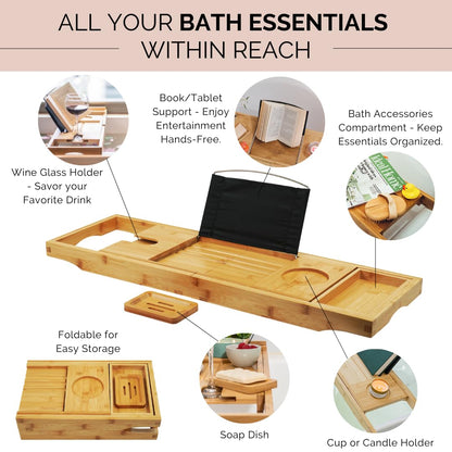 Bamboo Bathtub Tray Caddy Expandable - Over The Tub Bath Caddy Tray for Bathtub Accessories for Relaxing Spa, Bamboo Bath Tray for Tub Accessories for Bathtub for Women. Bath Spa Gifts for Women.