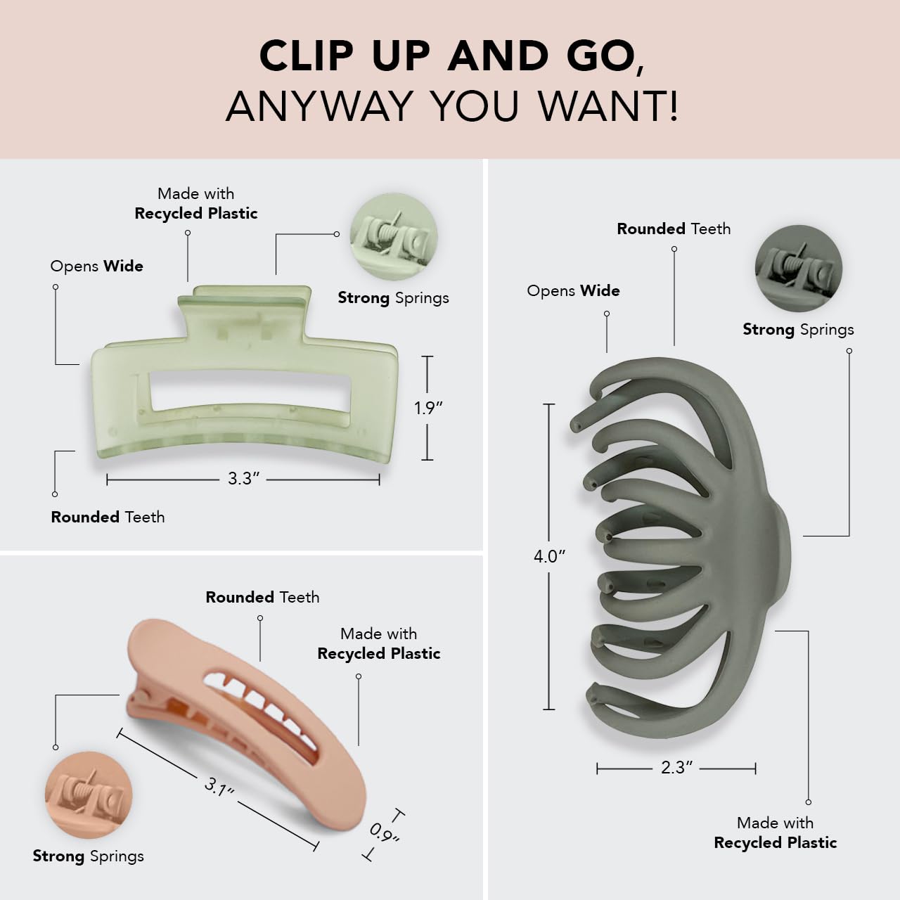 Kitsch Large Assorted Hair Clips for Women - Medium Open Shape Hair Claw Clips for Thick Hair | Small Open Shape Hair Clip &amp; Big Claw Clip for Teen Girls | Hair Styling Accessories, 3 pcs