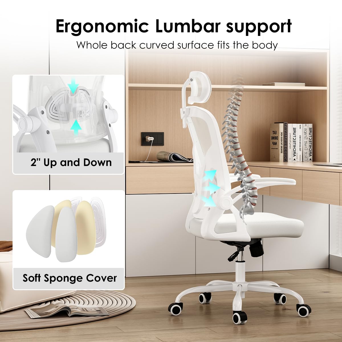Farini Ergonomic Office Chair, Home Office Desk Chair with Headrest, High Back Computer Chair with Flip-up Armrests and Adjustable Lumbar Support for Home Office Study Bedroom, Khaki.