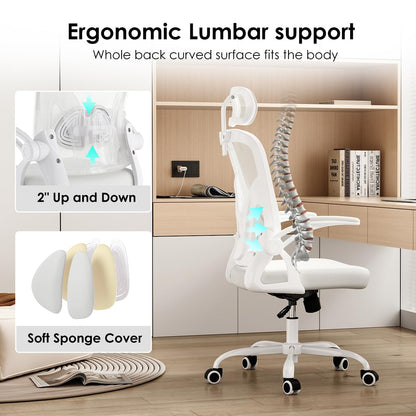 Farini Ergonomic Office Chair, Home Office Desk Chair with Headrest, High Back Computer Chair with Flip-up Armrests and Adjustable Lumbar Support for Home Office Study Bedroom, Khaki.
