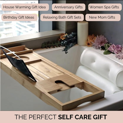 Bamboo Bathtub Tray Caddy Expandable - Over The Tub Bath Caddy Tray for Bathtub Accessories for Relaxing Spa, Bamboo Bath Tray for Tub Accessories for Bathtub for Women. Bath Spa Gifts for Women.