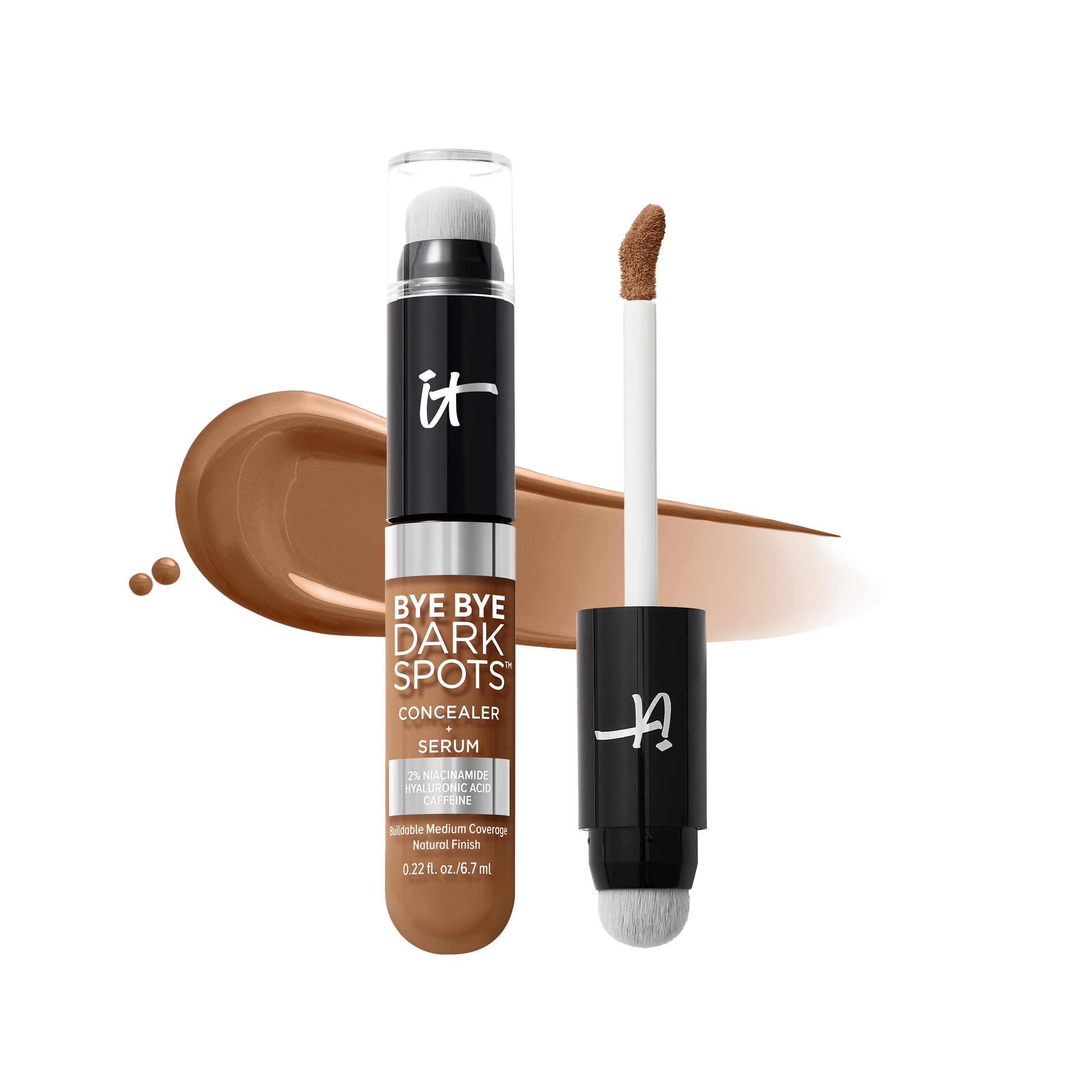 IT Cosmetics Bye Bye Dark Spots Concealer + Brightening Serum – 2% Niacinamide, Hyaluronic Acid &amp; Caffeine - Medium Coverage, Natural Finish, All Skin Types - 0.22 fl oz