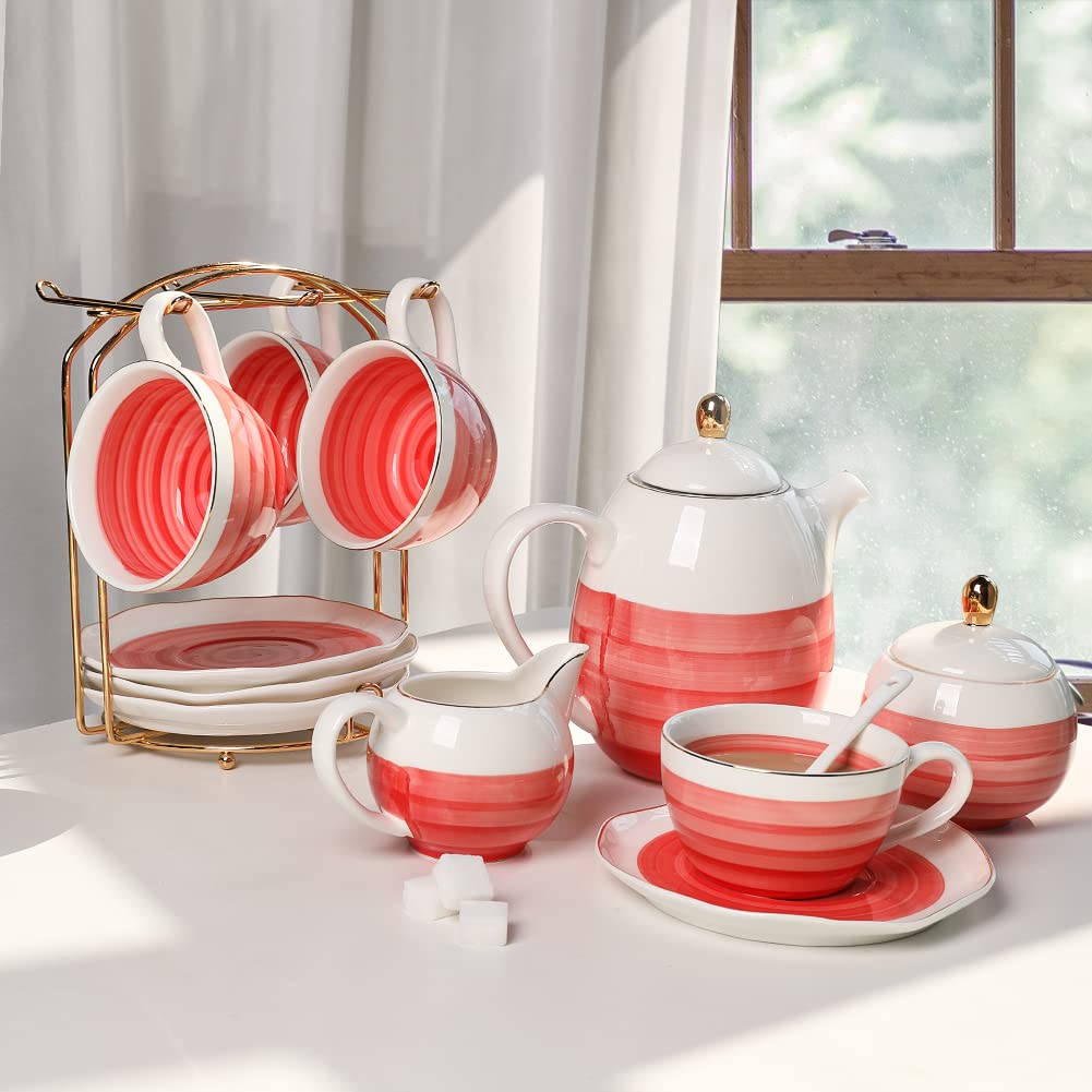 Sweejar Porcelain Tea Sets, 8 OZ Cups &amp; Saucer Service for 4, Teapot Sugar Bowl Cream Pitcher Teaspoons and Tea Strainer for Adult Tea Coffee Afternoon Party(Blue)