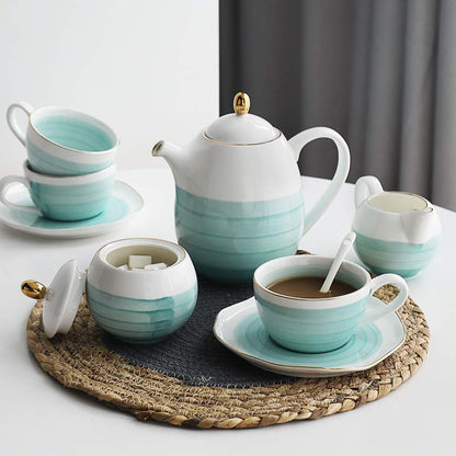 Sweejar Porcelain Tea Sets, 8 OZ Cups &amp; Saucer Service for 4, Teapot Sugar Bowl Cream Pitcher Teaspoons and Tea Strainer for Adult Tea Coffee Afternoon Party(Blue)